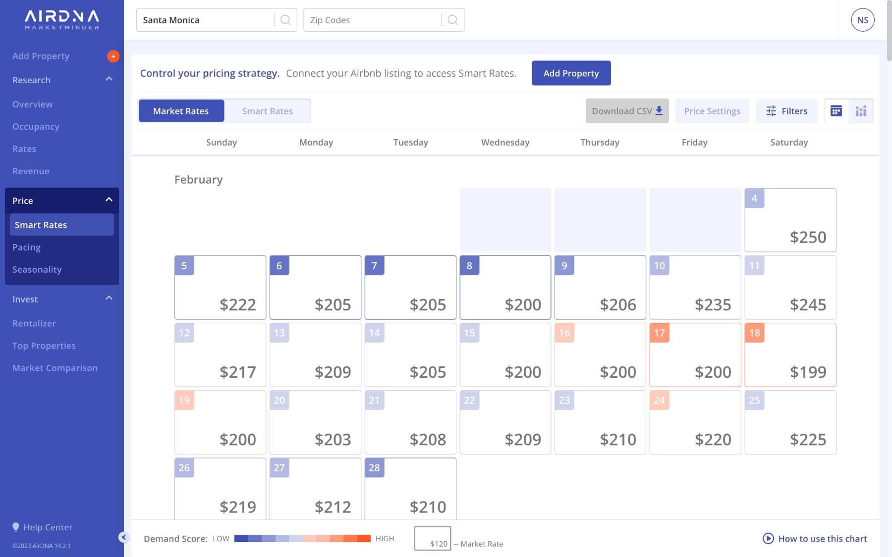 Screenshot of the Smart Rates Page on the AirDNA MarketMinder app.